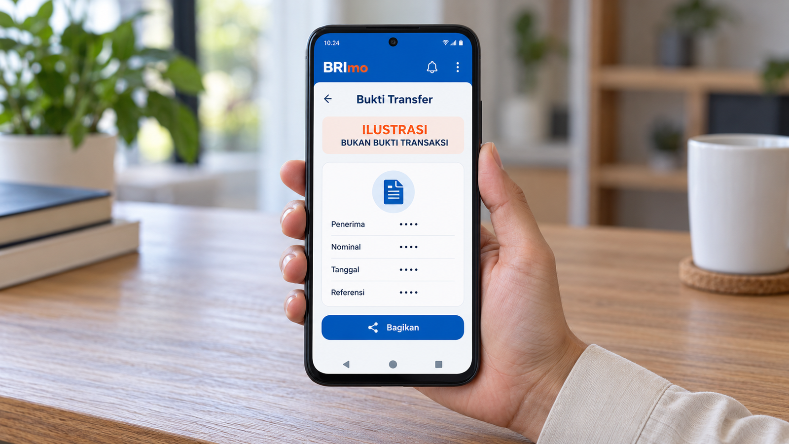 Ilustrasi cara melihat bukti transfer BRImo pada handphone Android yang digenggam dan terlihat utuh.
