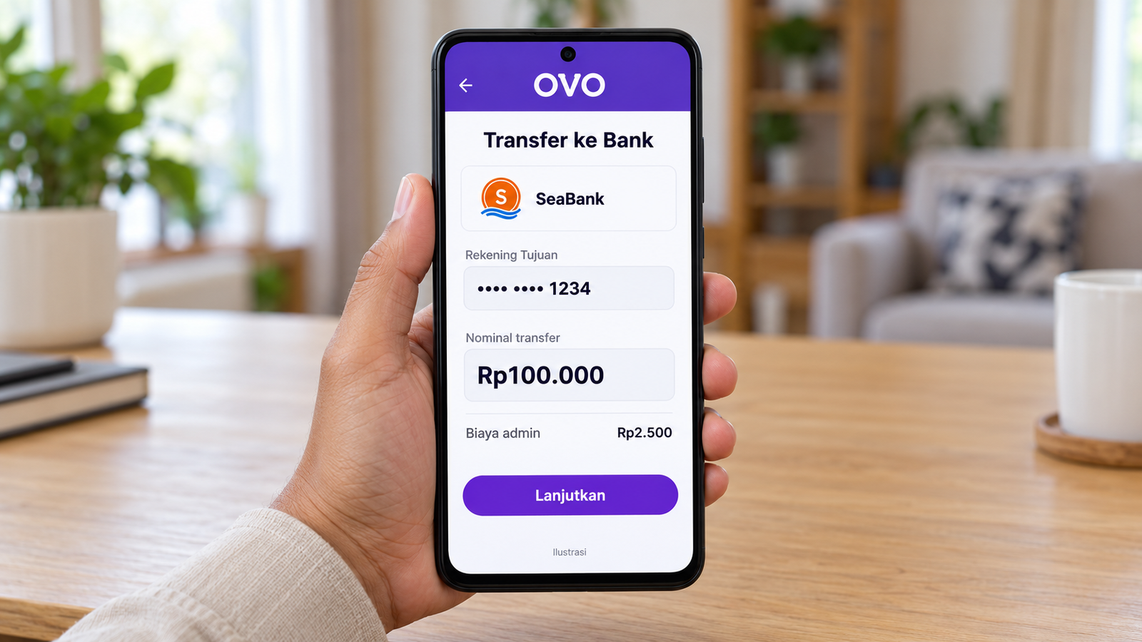 Ponsel Android digenggam dengan seluruh perangkat terlihat, menampilkan ilustrasi cara transfer OVO ke SeaBank.