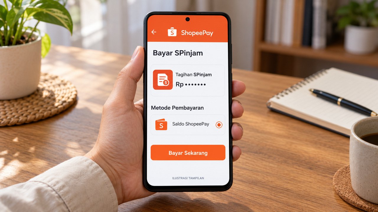 Ilustrasi cara bayar SPinjam lewat ShopeePay pada ponsel Android yang digenggam dan terlihat utuh.