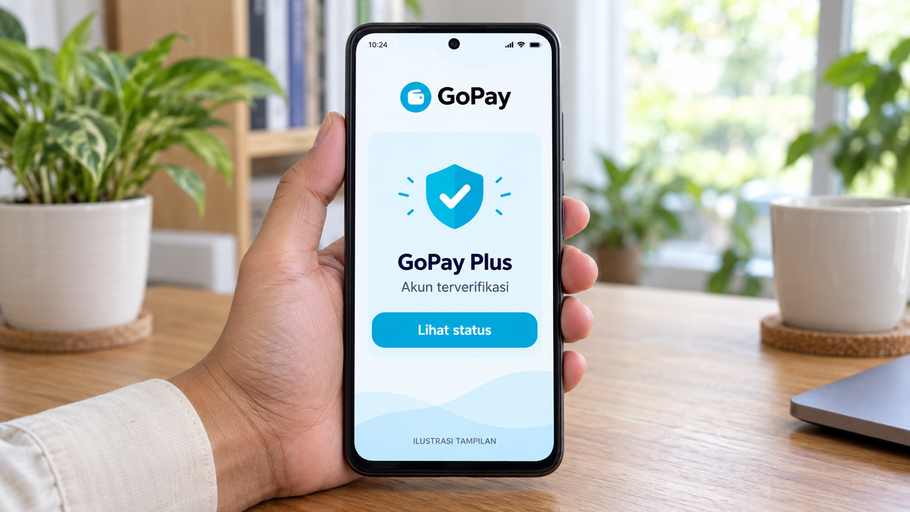 Ilustrasi cara cek GoPay Plus pada ponsel Android yang digenggam dengan seluruh bodi terlihat jelas.