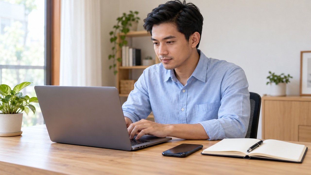 Pria dewasa menggunakan laptop di meja dengan ponsel dan buku catatan sebagai ilustrasi cara cek pinjol legal di OJK.