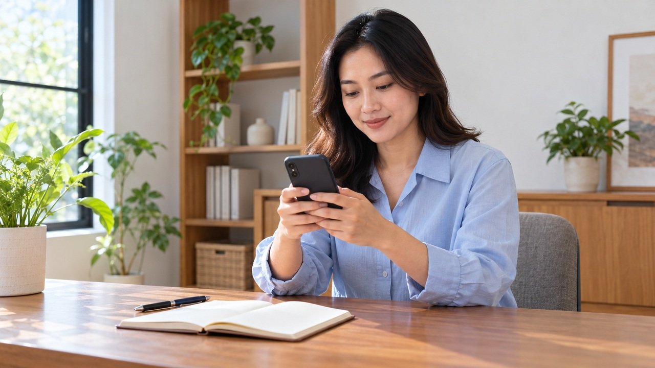 Perempuan menggunakan ponsel di meja dengan buku catatan sebagai ilustrasi cara cek SLIK OJK online.